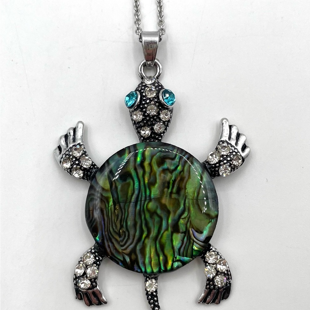Silver Turtle Pendant Necklace with Abalone Shell 18” chain
